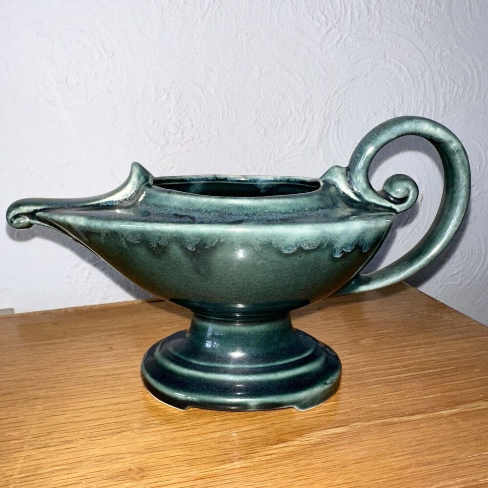 Vintage Green Drip Glaze USA Art Pottery Genie Lamp Planter Vase